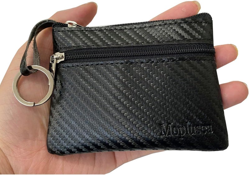Moplusea Genuine Leather Small Coin Purse Wallet With Keychain Mini Change Purse Coin Pouch Holder For Men (GLCB014 Carbon Black) - Image 3